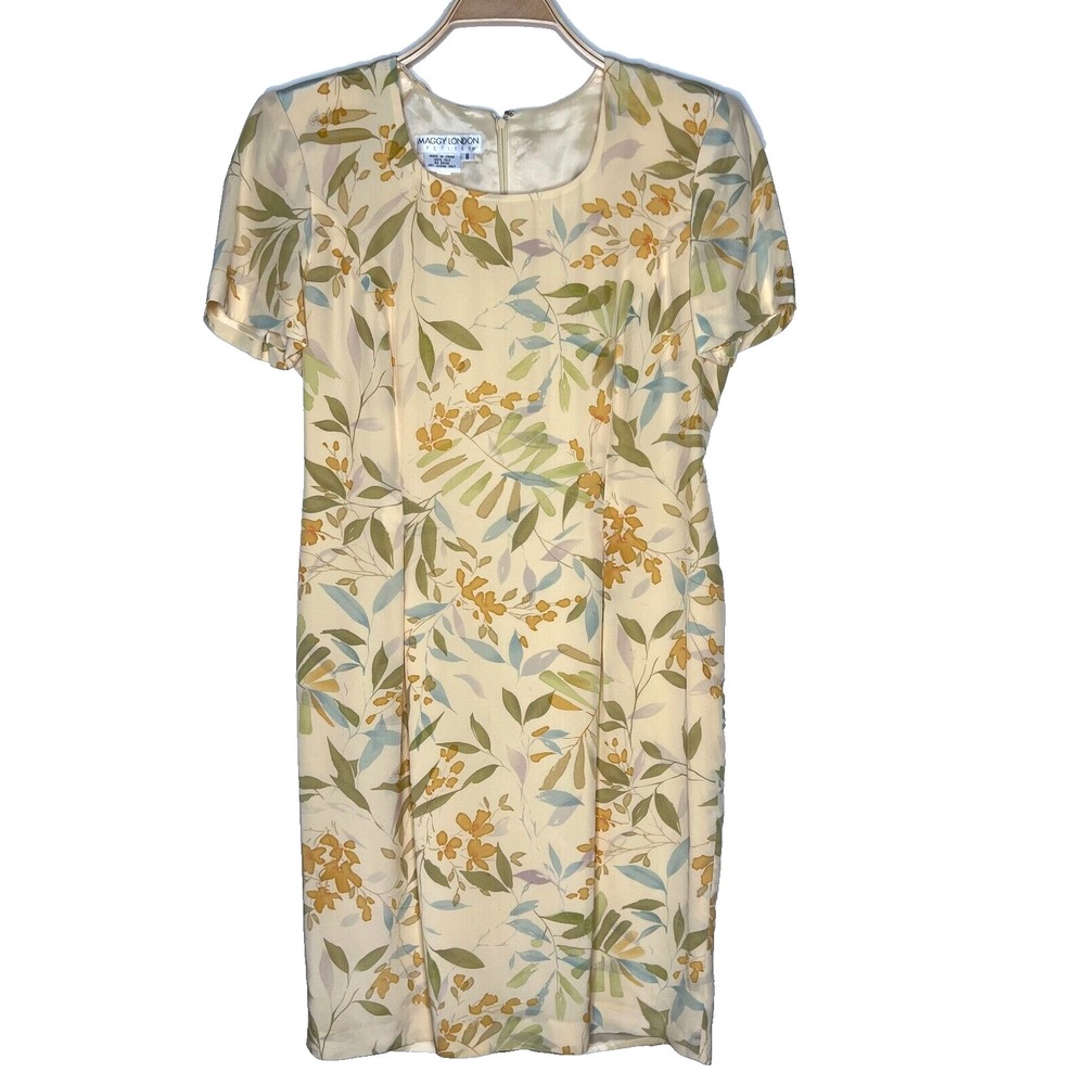 Vintage Maggy London Silk Maxi Dress Sz 8P Yellow Floral Romantic 90s Y2K Whimsy